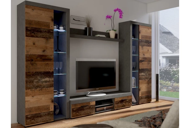 Obývacia stena Flamenco XL, vintage optika kovu/dreva