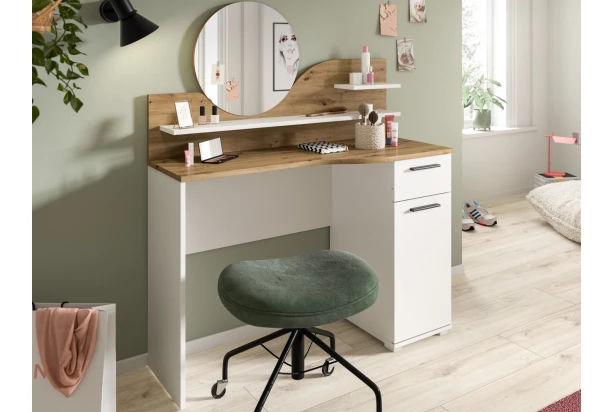 Toaletní stolík s guľatým zrkadlom Vanity, biely/dub artisan