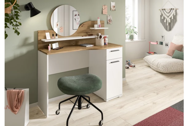 Toaletní stolík s guľatým zrkadlom Vanity, biely/dub artisan