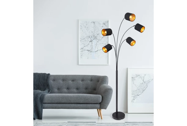 Stojaca lampa Tommy, 5 svietidiel, čierna/zlatá