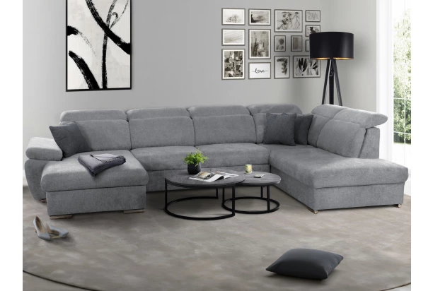 Sedacia súprava Alabama, stredne šedá látka, tvar pravé U, s rozkladom