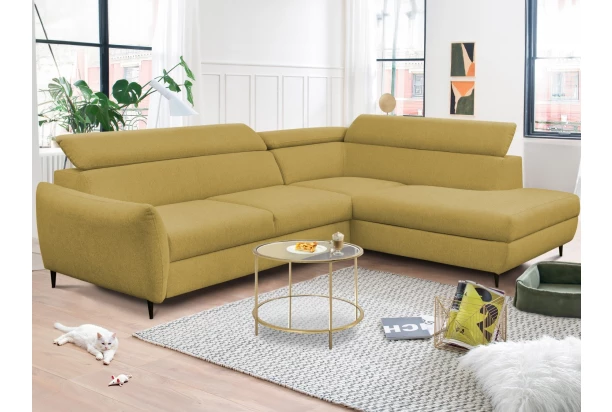 Rohová sedacia súprava Othello, horčicovo žltá látka, pravý roh