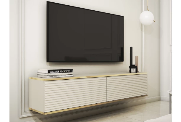 Závesná TV skrinka Orfeo, 135 cm, béžová štruktúra/zlatá