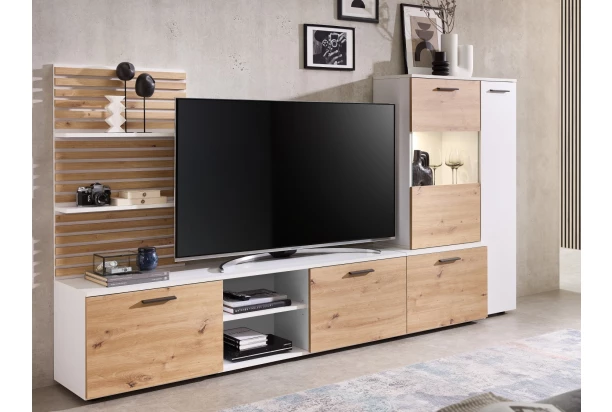 Obývacia stena Heathrow, biela/dub artisan, s osvetlením