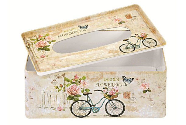 Box na vreckovky plechový, motív bicykel s kvetinami