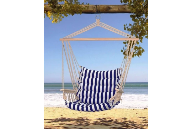Závesné hojdacie kreslo Ibiza, prírodné drevo, námornícke pruhy