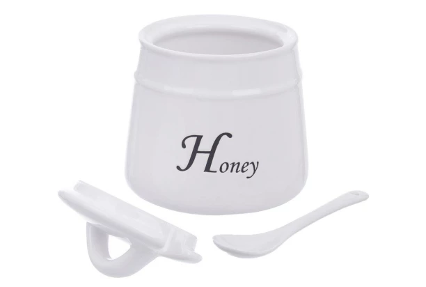 Dóza na med s lyžičkou Honey, biela keramika