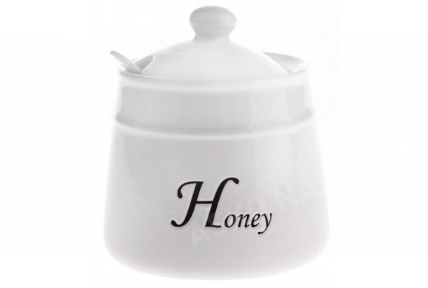 Dóza na med s lyžičkou Honey, biela keramika