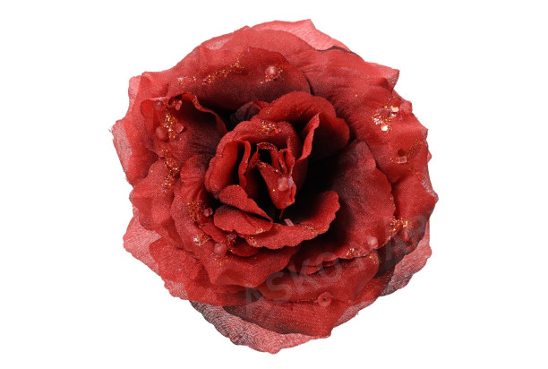Vianočná ozdoba Kvet ruže, červená s trblietkami