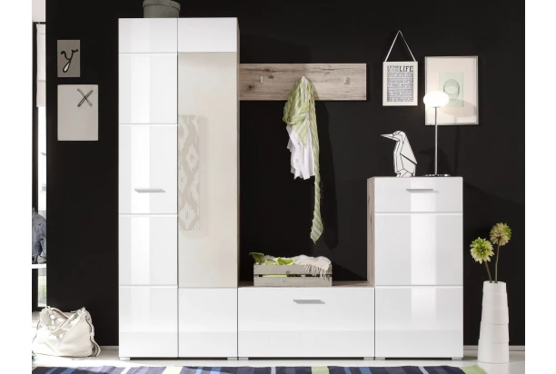 Predsieňová stena Sixx, pieskový dub/biela lesk