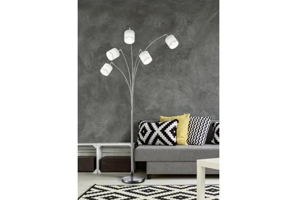 Stojaca lampa Tommy, 5 svietidiel, matný nikel/biela látka