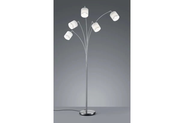 Stojaca lampa Tommy, 5 svietidiel, matný nikel/biela látka