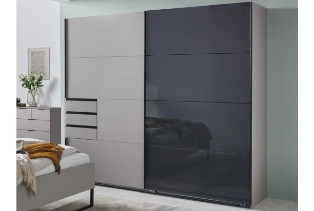 Šatníková skriňa so zásuvkami Tilburg, 225 cm, šedá sahara/čierne sklo