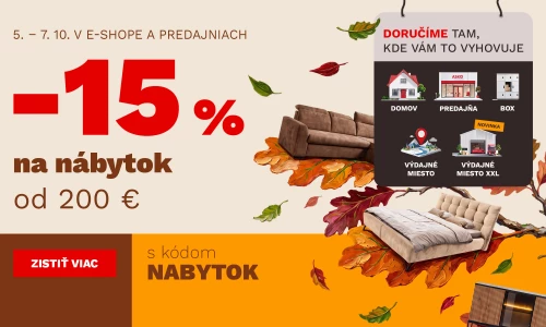 15 % na NÁBYTEK od 6000Kč/200€ 5-7-10-2026