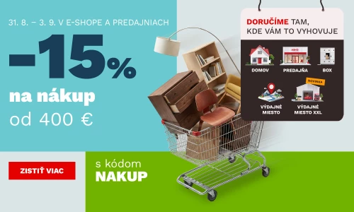 15 % na nákup od 400€ 31.8. - 3.9.2026