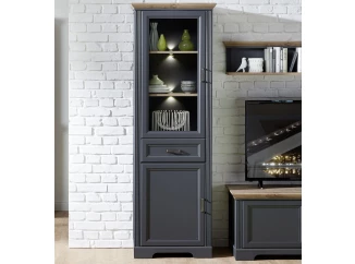 Vysoká vitrína Jasmin, grafit/dub, s osvetlením