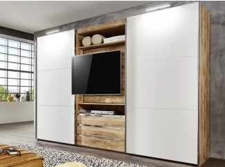 Šatníková skriňa s TV panelom Magic, doskový dub/biela