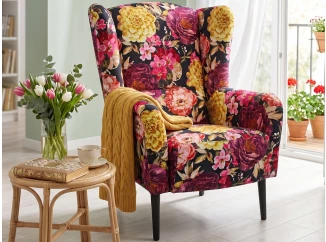 Kreslo ušiak Canto, látka s motívom farebných kvetov