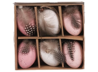 Veľkonočná dekorácia Vajíčka s pierkom (6 ks), ružová/biela