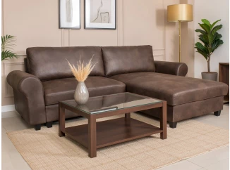 Rohová sedačka Florina, hnedá látka vo vintage optike kože