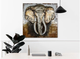 Kovový obraz na stenu Slon 80x80 cm, šedý vintage