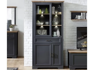 Široká vitrína Jasmin, grafit/dub, s osvetlením