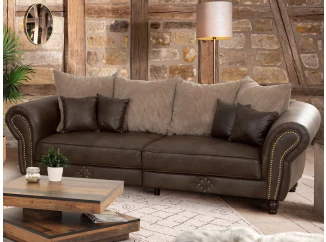 Veľká pohovka Carlos, hnedá látka ve vintage optike kože/béžová štrukturovaná látka