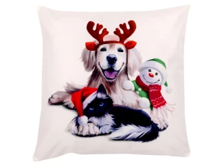 Vianočná obliečka na vankúš Pes, mačka a snehuliak, 45x45 cm