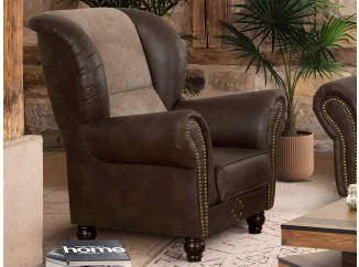 Kreslo ušiak Carlos, hnedá látka vo vintage optike koža/béžová štruktúrovaná látka