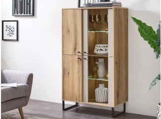 Vitrínová skrinka Cube, dub evoke / pieskovo šedá, s osvetlením