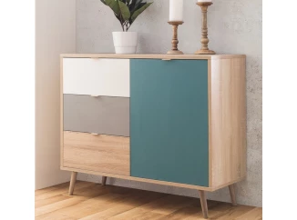 Skrinka Cuba, dub/biela/šedá/petrolejová