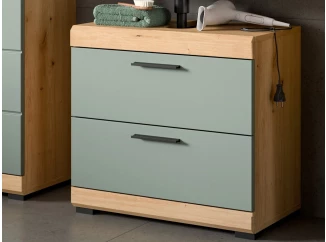 Kúpeľňová skrinka pod umývadlo Scout, dub artisan/šalviovo zelená, zásuvky