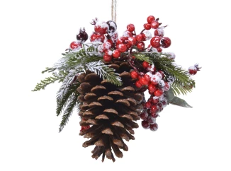 Závesná vianočná dekorácia Šiška s bobuľami, zasnežený efekt