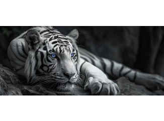 Panoramatický obraz na plátne Čiernobiely tiger s modrými očami, 140x60 cm
