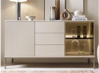 Komoda so zásuvkami Sento, kašmírovo béžová/šampaň, s osvetlením