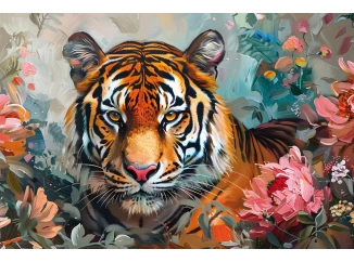 Obraz na plátne Tiger v kvetoch, 90x60 cm, efekt olejomaľby