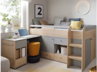 Zvýšená úložná posteľ so stolíkom Room 90x200 cm, dub biscuit/šedá