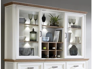 Nástavná vitrína s priehradkami Jasmin,bielená pínia/dub, s osvetlením