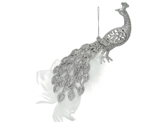 Závesná vianočná dekorácia trblietavý páv, strieborná