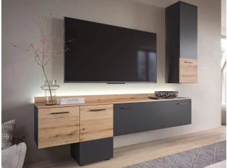 Obývacia stena s osvetlením Goul, tmavo šedá/dub evoke