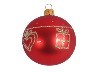 Vianočná ozdoba sklenená guľa 6 cm, červená, darček a srdiečko