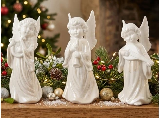 Dekoračná soška (mix) Anjel s hudobným nástrojom, biely porcelán