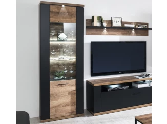 Vysoká vitrína Boston, čierna/dub ribbeck, s osvetlením, ľavá