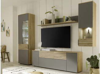 Obývacia stena Milan, dub artisan/sivá, s osvetlením