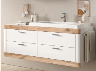 Závesná kúpeľňová skrinka s umývadlom Laredo, biela/dub nox