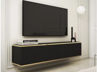 Závesná TV skrinka Orfeo, 135 cm, čierna štruktúra / zlatá