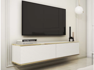 Závesná TV skrinka Orfeo, 135 cm, biela štruktúra/zlatá