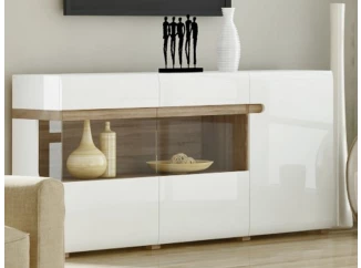 Široká komoda s presklením Linate, biely lesk/dub