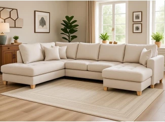 Sedačka Split, krémová látka, tvar ľavé U, s rozkladom