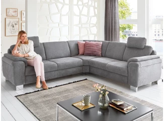 Rohová sedacia súprava s kreslom Omaha, šedá látka, s funkciami